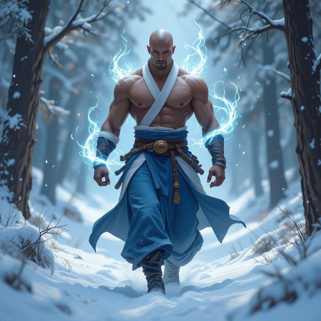 Elemental Monk Goliath in Snow-Covered Forest