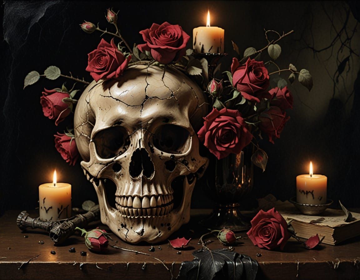 Gothic Skull with Roses in Candlelight, Baroque Style