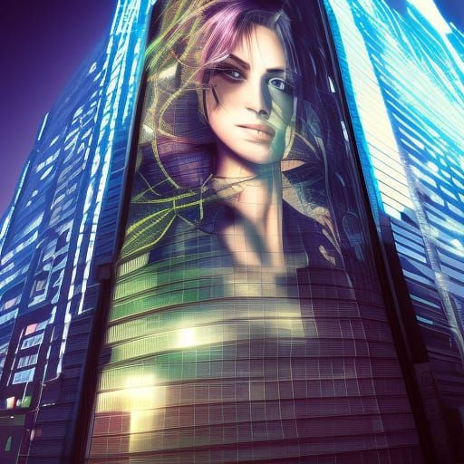 Translucent Woman Projection in Cyberpunk Cityscape