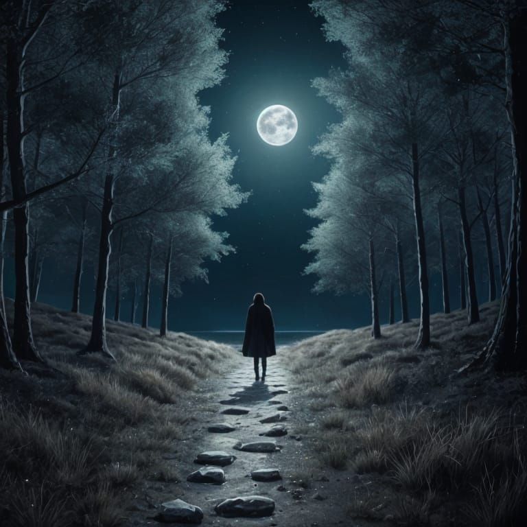 Moonlit Walk on a Lonely Shoreline at Night