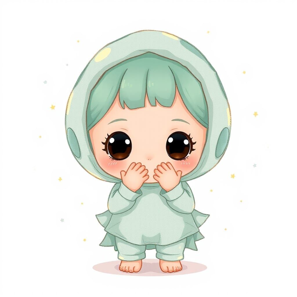 Kawaii Character in Pastel Colors with Ghostly Sparkles