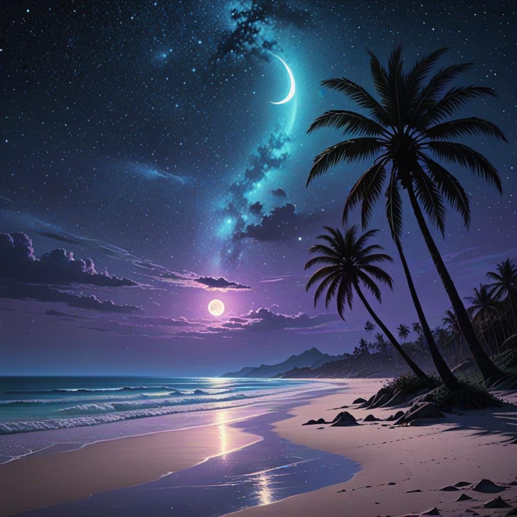 Serene Beach at Night with Palm Tree Under Starry Sky