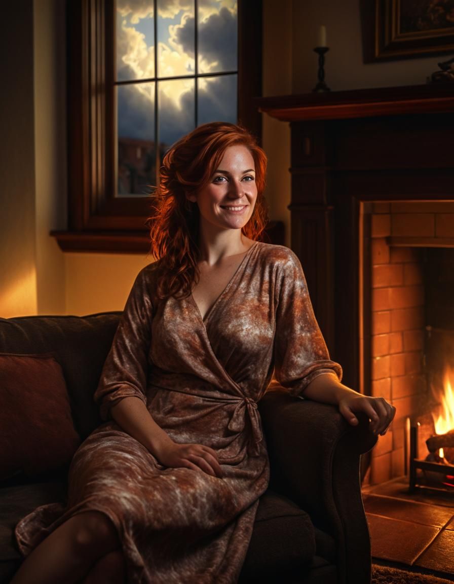 Auburn Woman Relaxing, Chiaroscuro Oil Painting