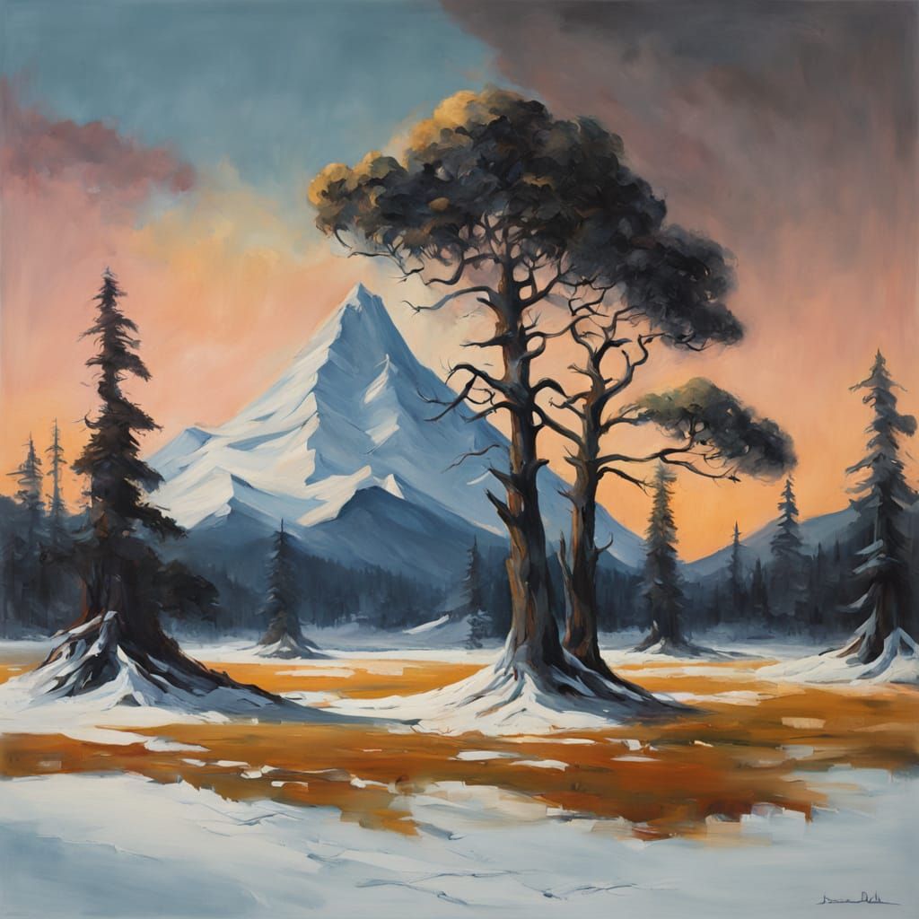 Surreal Mountain Peaks at Sunset Oil Painting