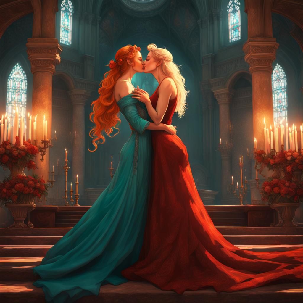 Women Kissing at Altar: Hyperdetailed Digital Art