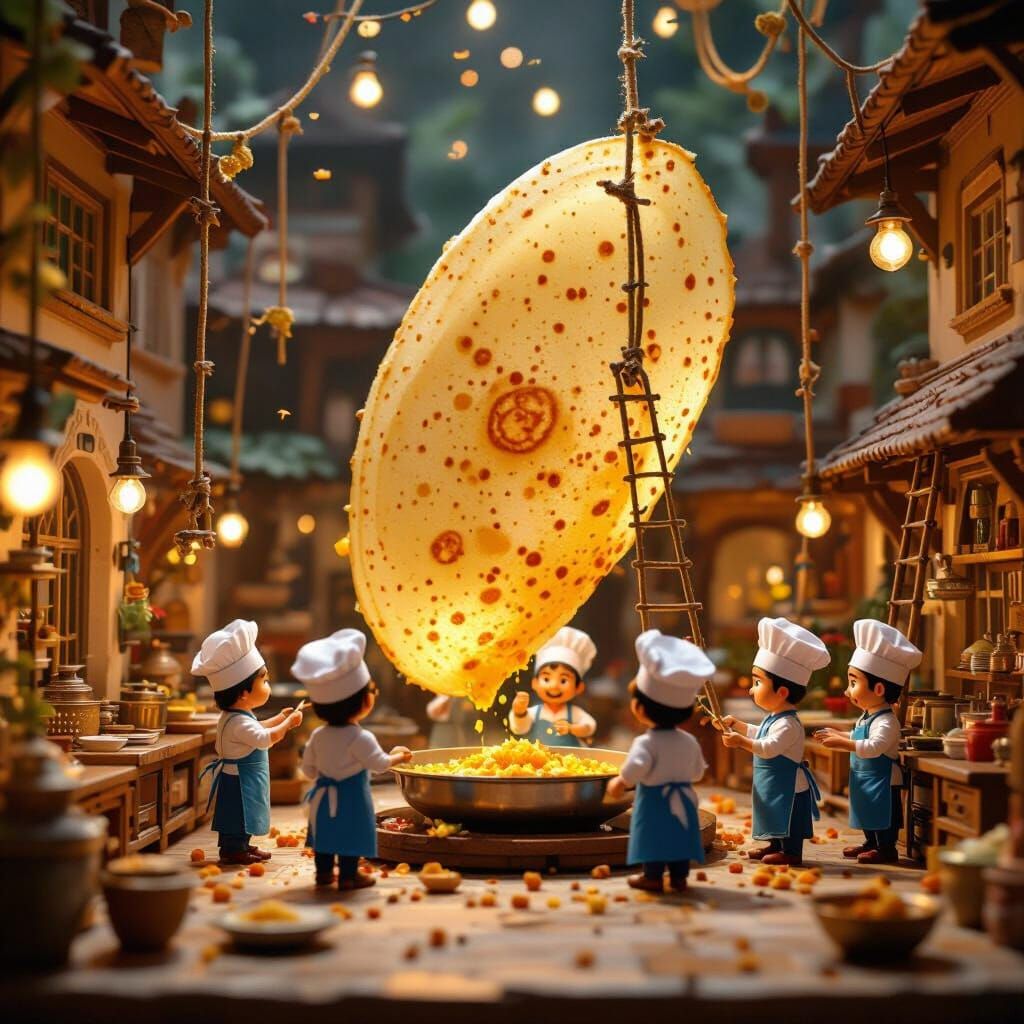 Miniature Chefs Cooking Giant Dosas in Pixar Style