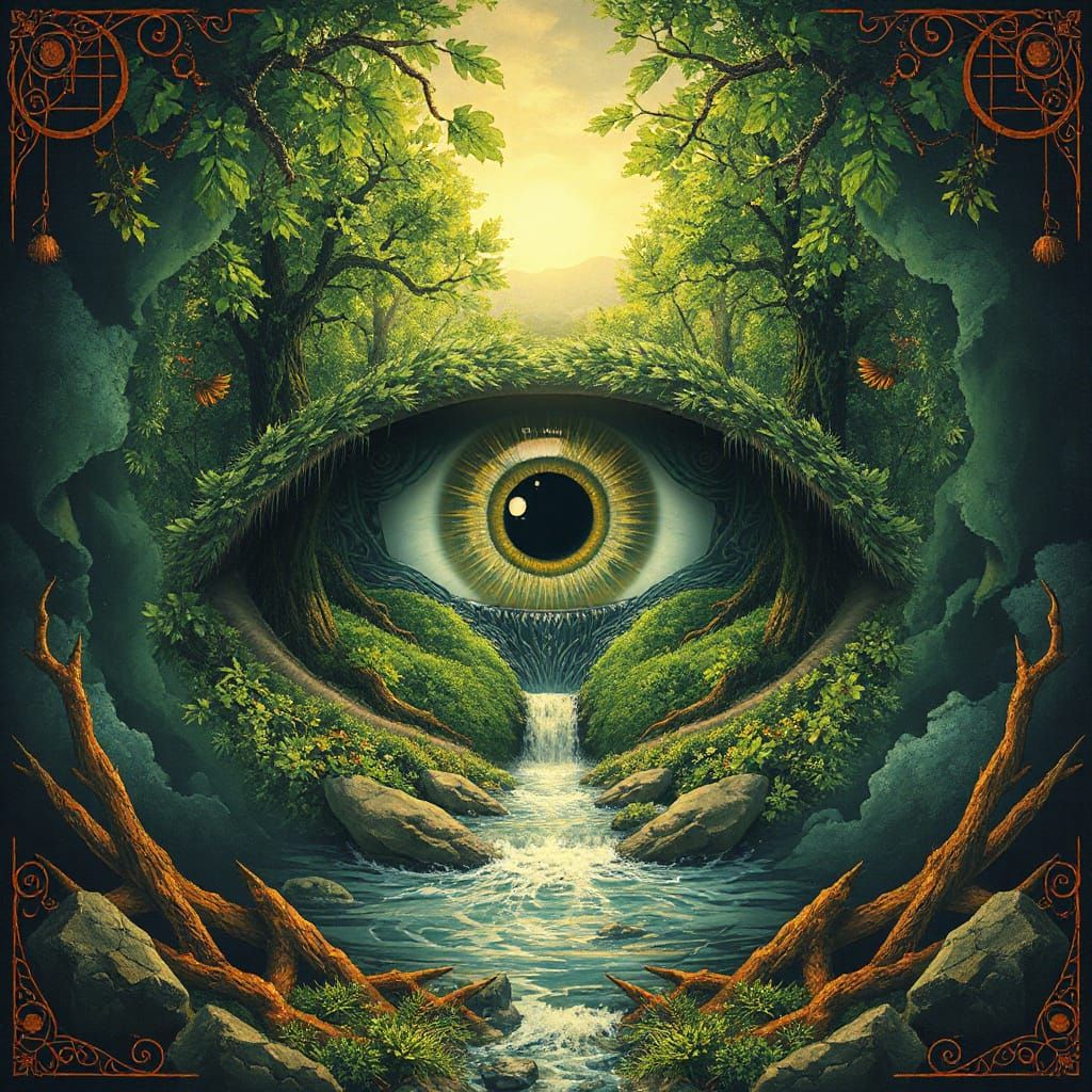 Divine Eye Emerges from Earth in Art Nouveau Style