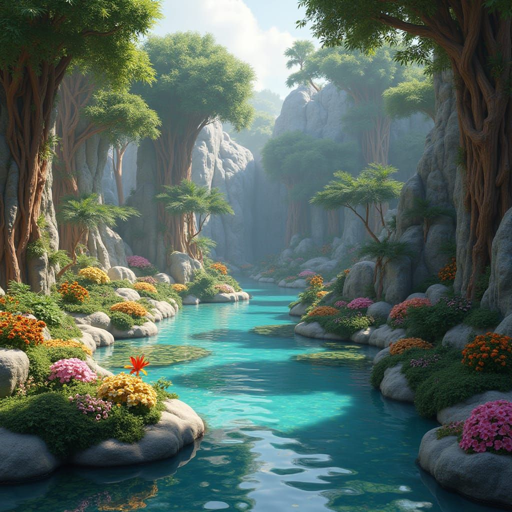 Surreal Oasis Garden with Sculptors in Deep, Fantastical Det...