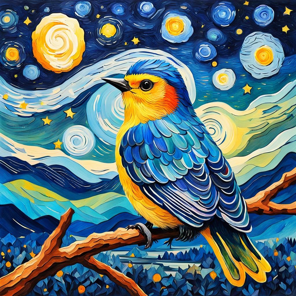 Starry Night Bird in Impressionist Gouache Style