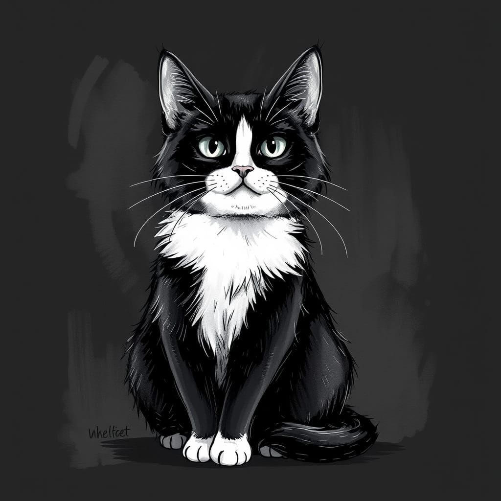 Whimsical Black and White Feline Portrait in Street Art Styl...