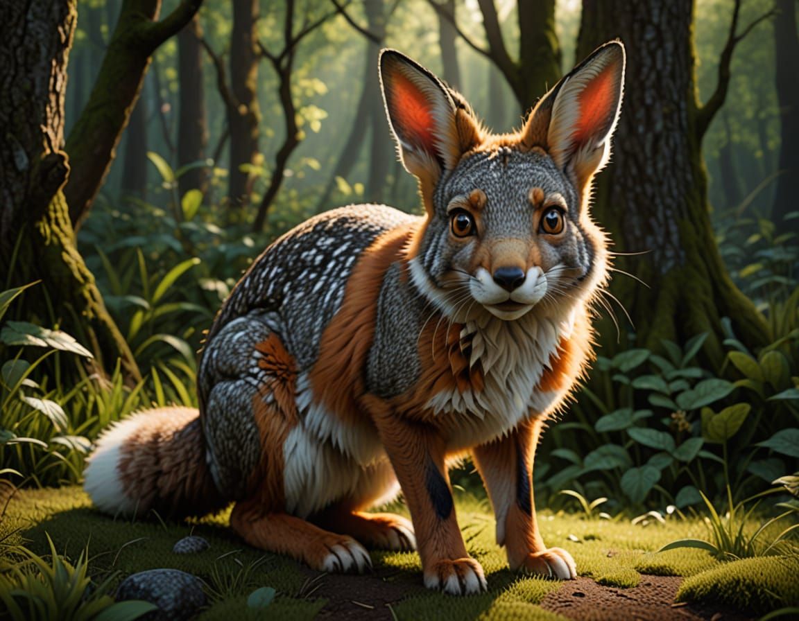 Photorealistic Rabbit-Fox Hybrid Creature in Dynamic Lightin...