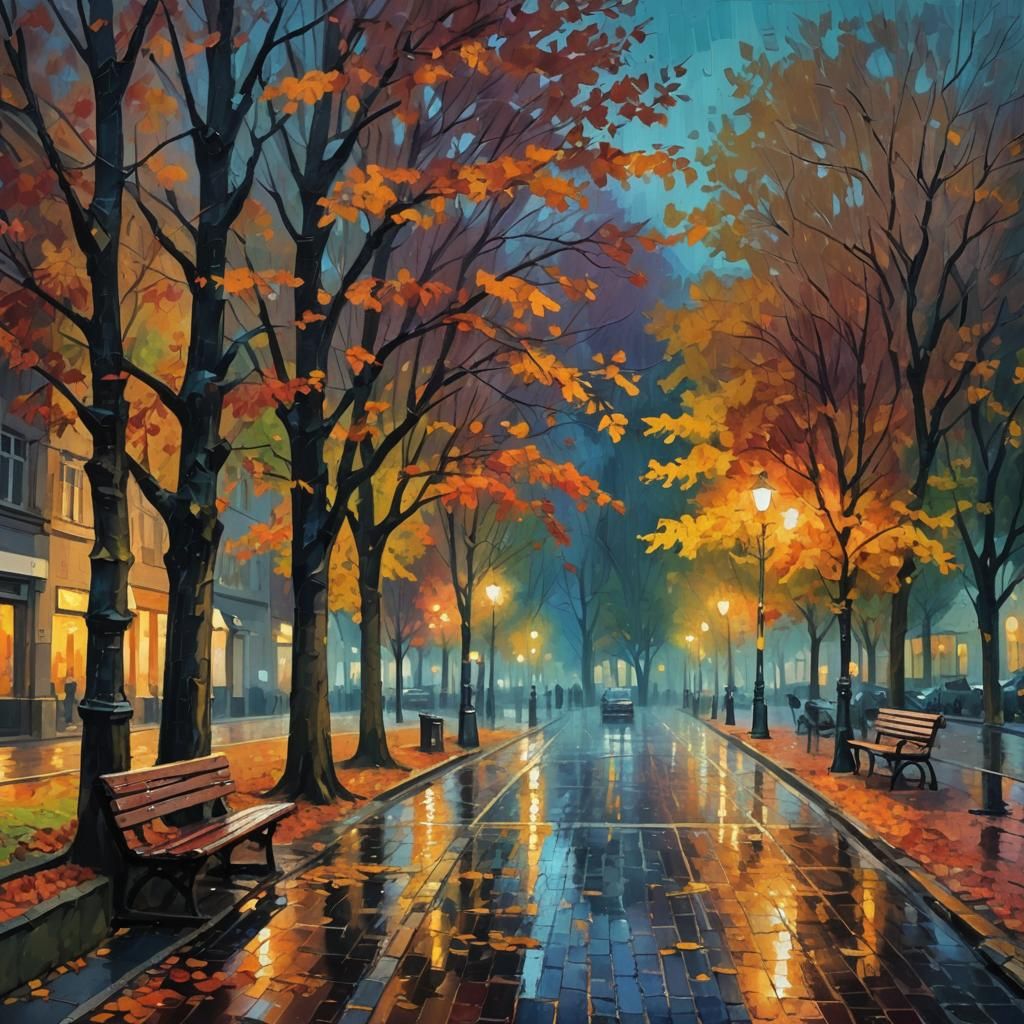 Rainy Autumn Night Street Scene: Fauvist Impressionism