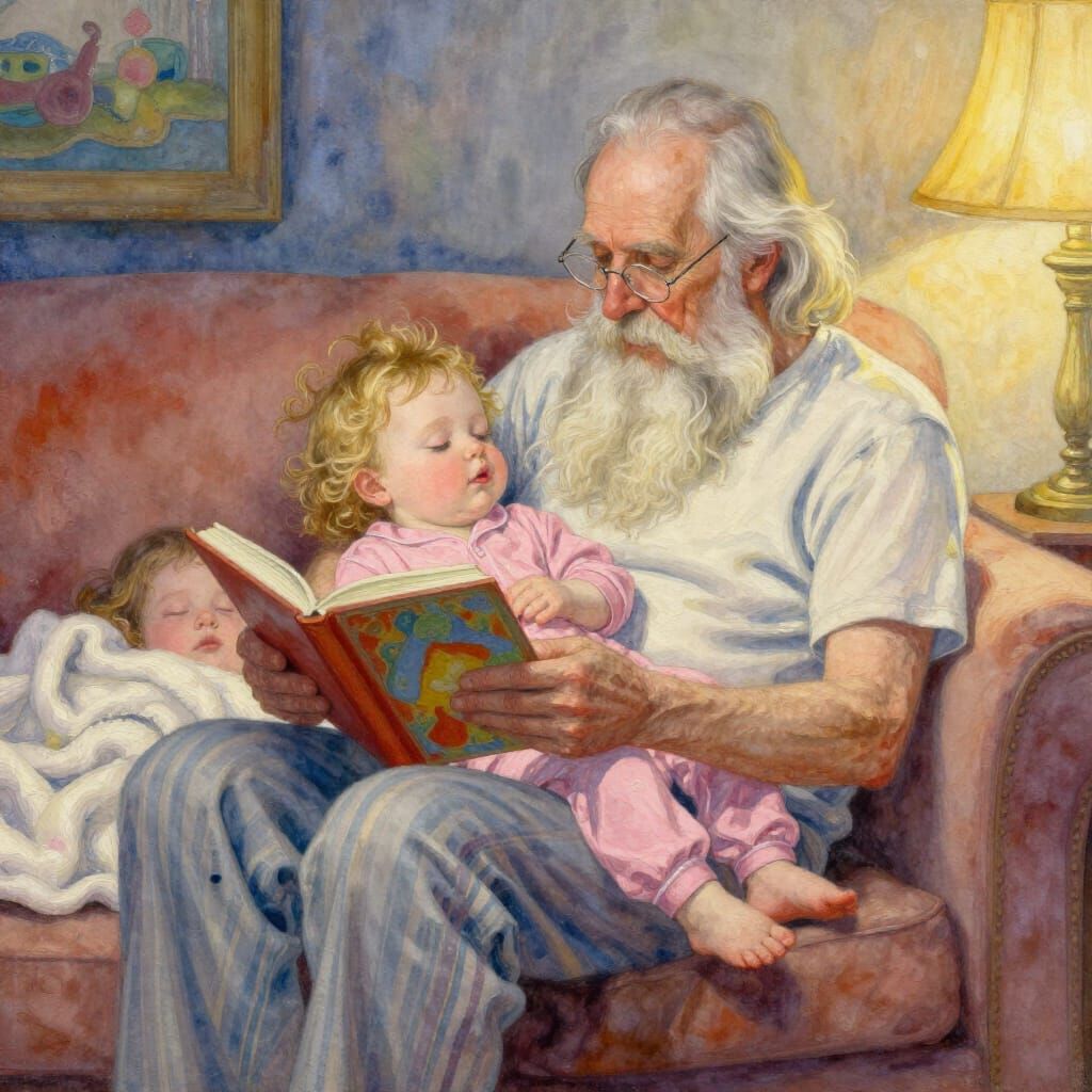 Grandfather Reads to Sleeping Grandchildren in Warm Glow
