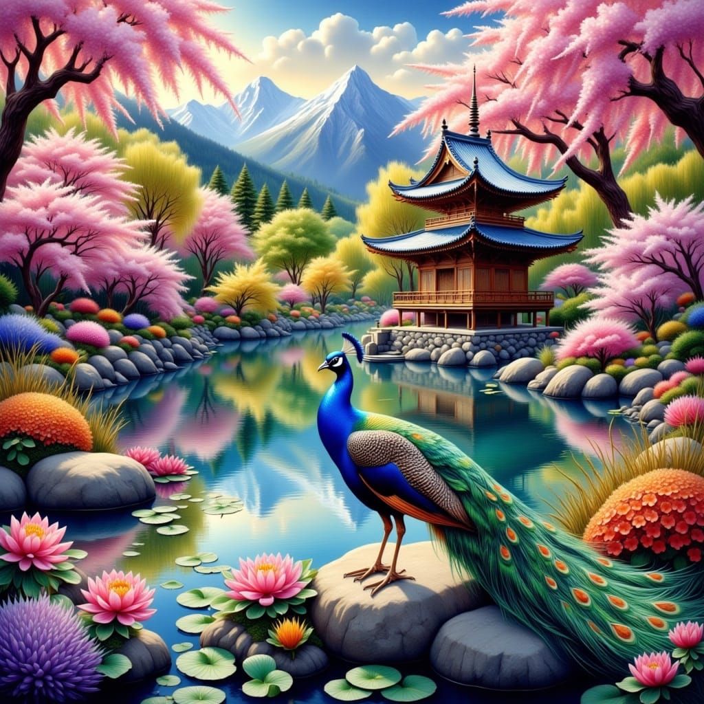 Surreal Peacock in Japanese Garden Scene with Cherry Blossom...