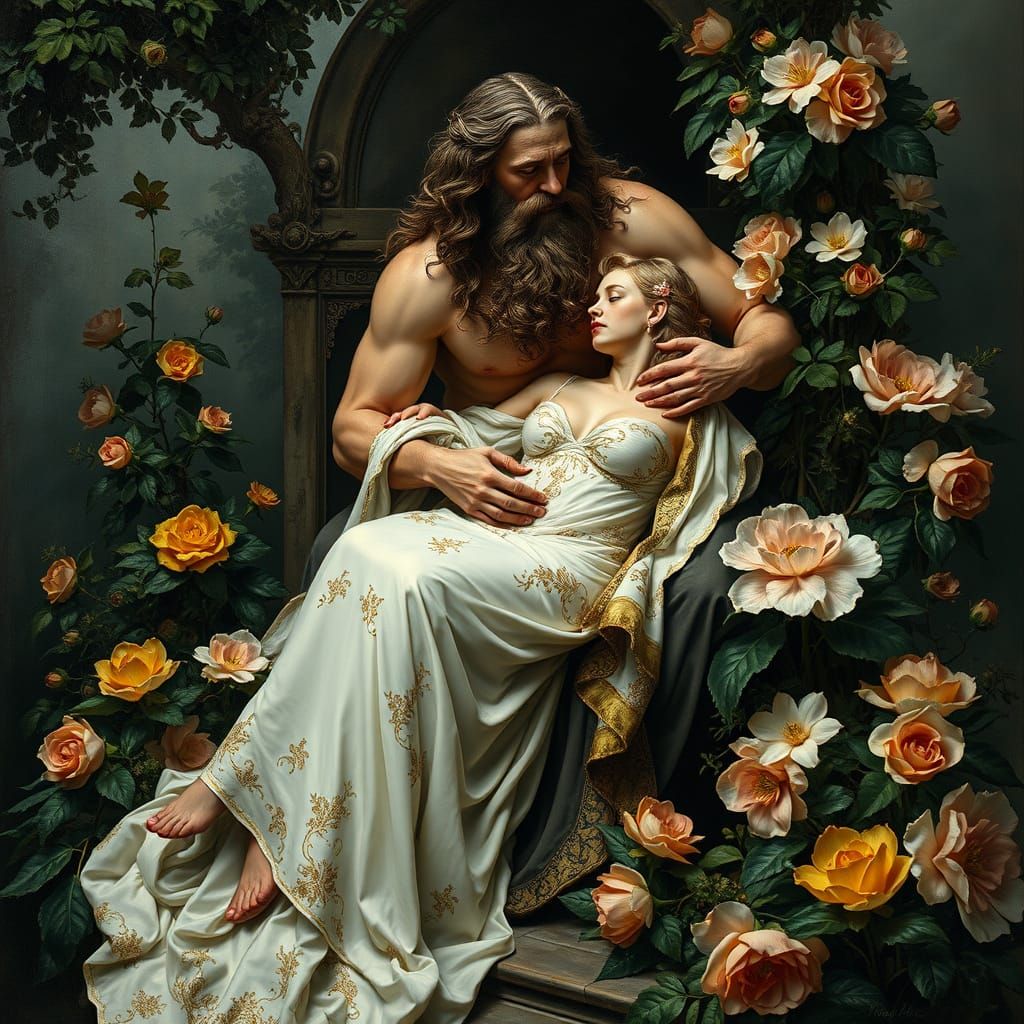 Greek God and His Enchanting Muse in Dreamlike Art Nouveau