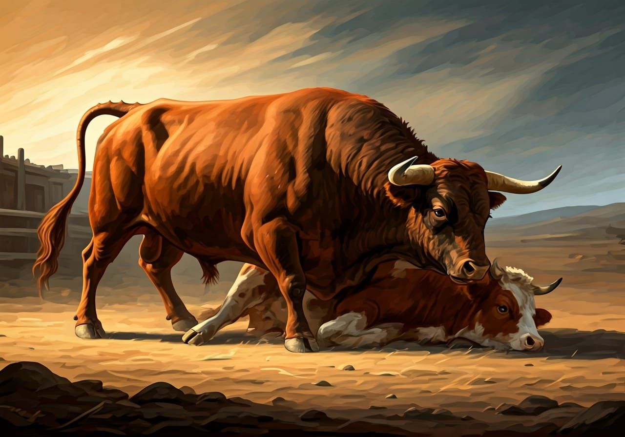 Bull Goring Cow in Dramatic Rustic Style
