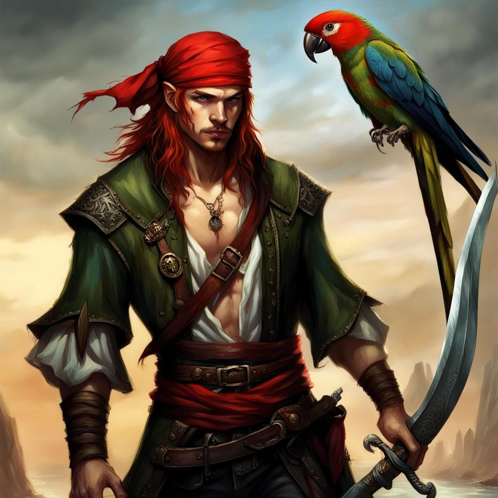 Fantasy Art: Elf Pirate with Parrot and Scimitar