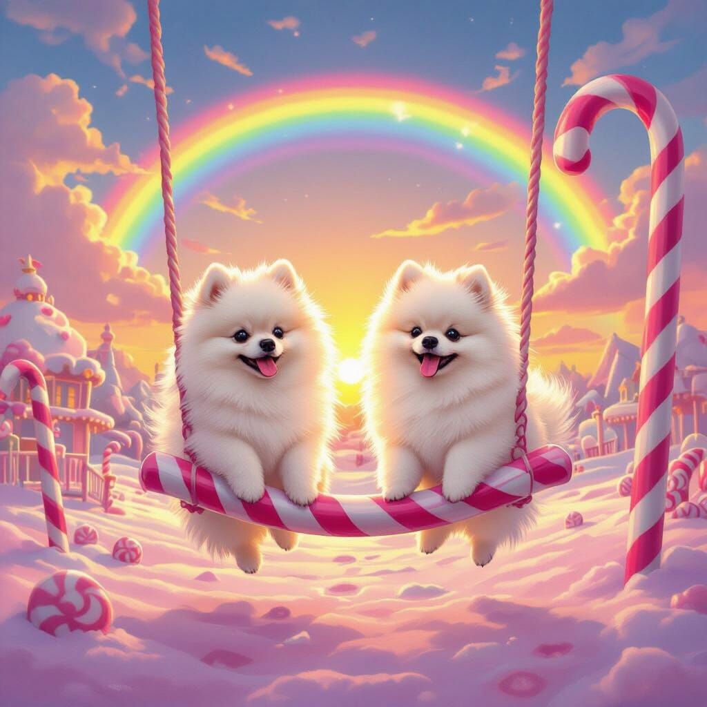 Pomeranians Swing on Candy Cane Pole in Rainbow Sunset