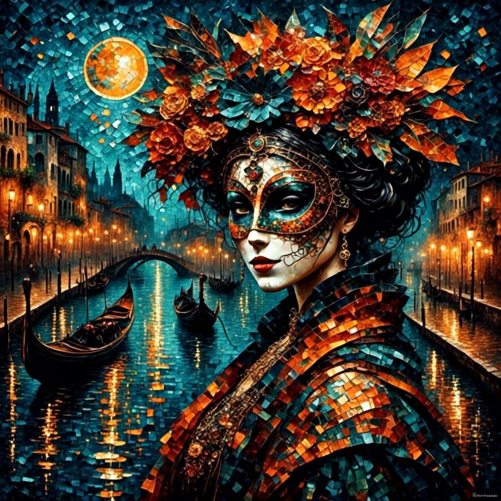 Venetian Carnival Mask Mosaic Tile Art
