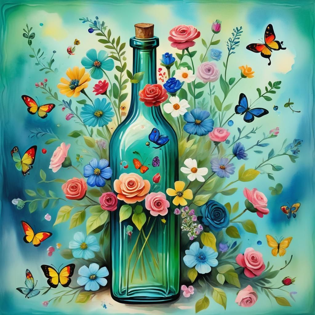 Vibrant Whimsical Folk Art: Lush Bouquet in Old Glass Bottle