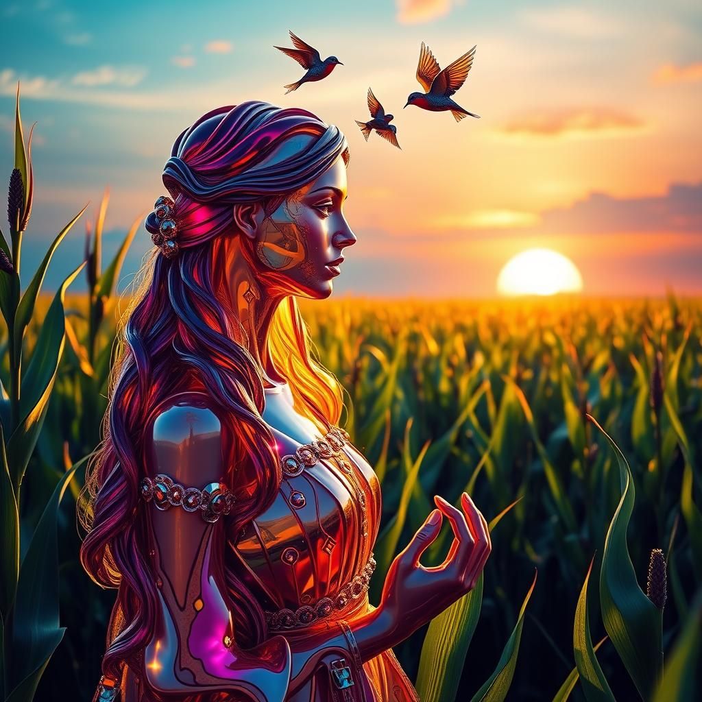 Enameled Glass Woman in Cornfield at Sunrise