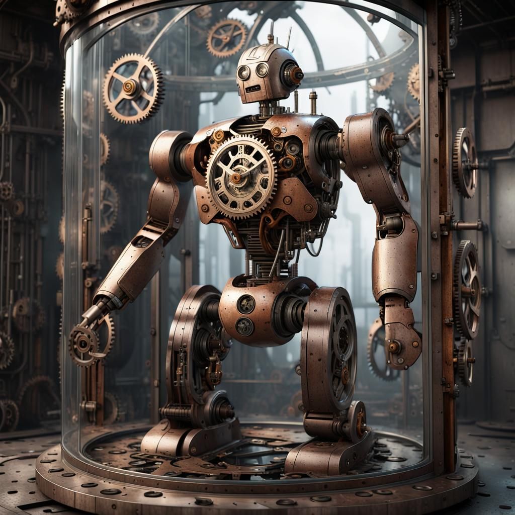 Mechanized Robot Sealed in Glass Enclosure: Sci-Fi Art