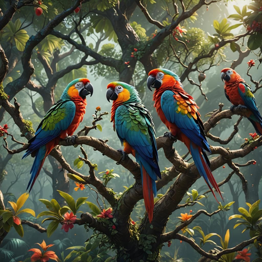 Colorful Parrots Singing in a Fantasy Art Style