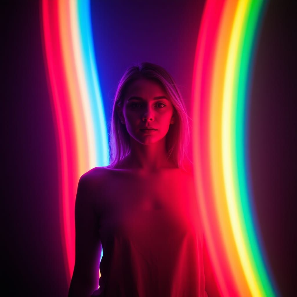 Woman Surrounded by Glowing Bands of Color