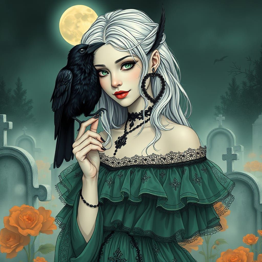 Mysterious Gothic Goddess Enchants with Raven in Moonlit Cem...