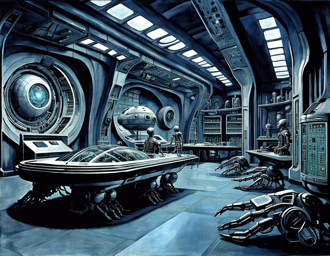 Dystopian Robotics Lab in Futuristic Cyberpunk Style