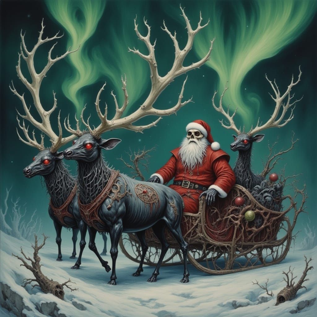 Zombie Santa's Grotesque Reindeer Pulling Sleigh
