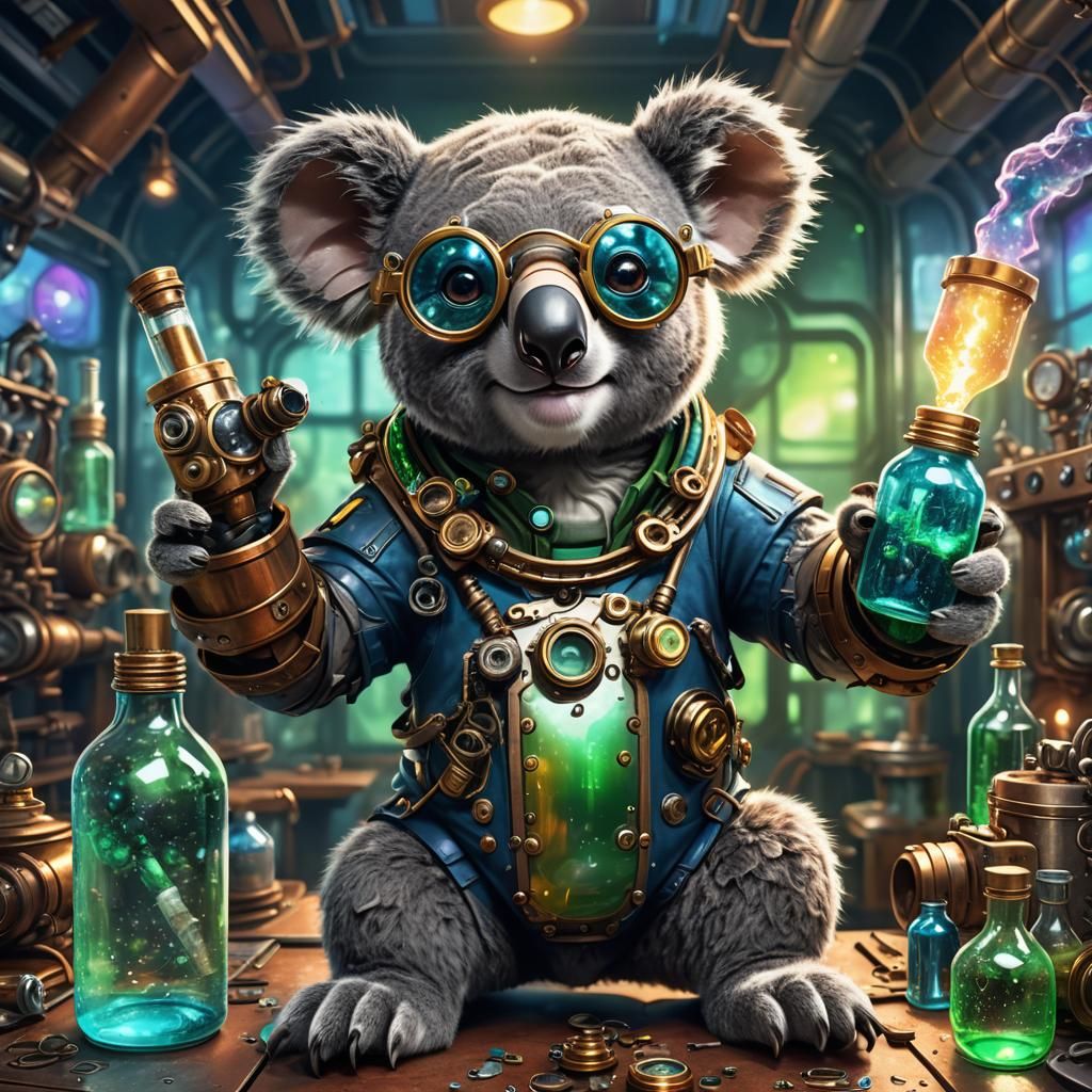 Steampunk Koala Alchemist in Spaceship Lab - 3D Render