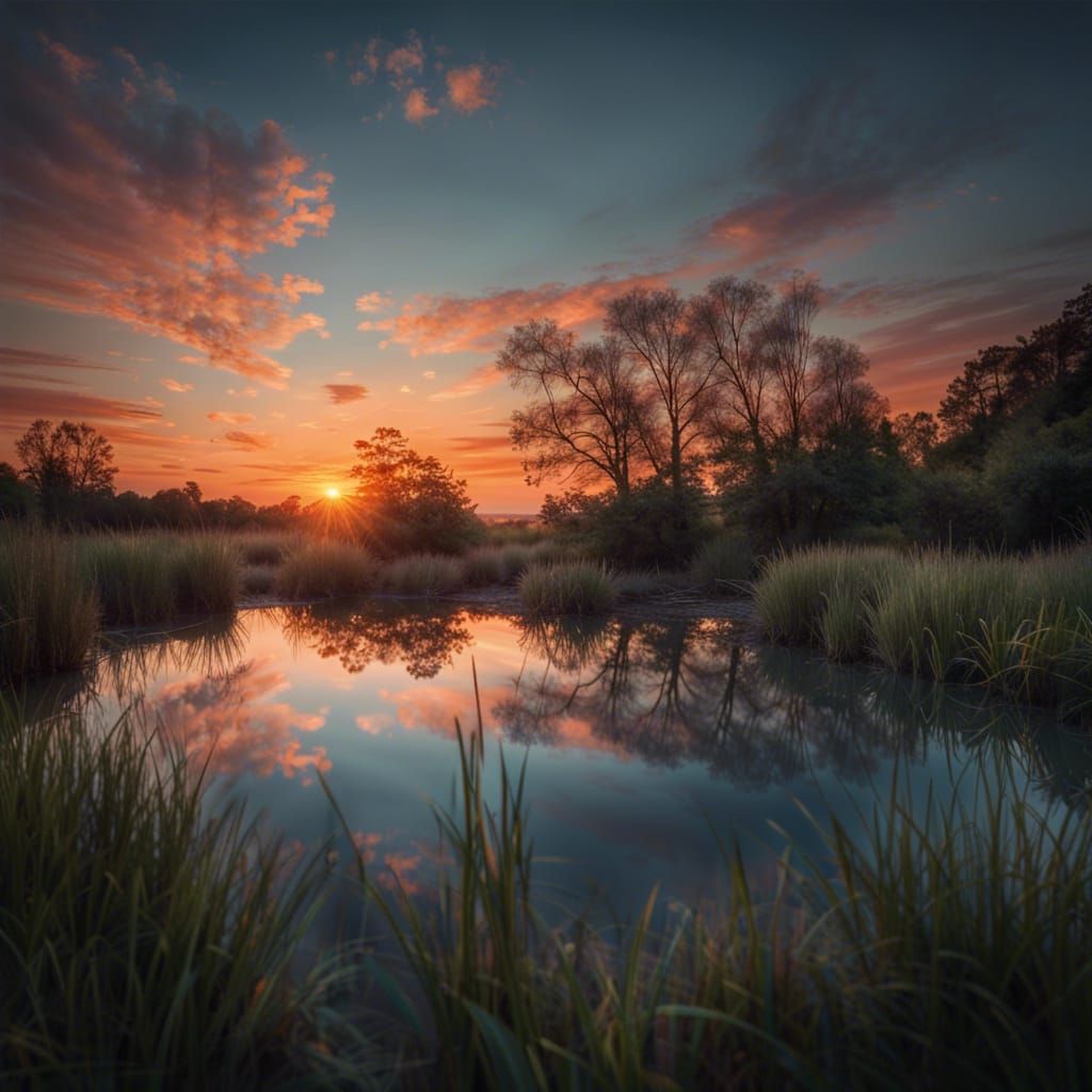 Pastel Sunset Over Pond: Photorealistic Nature Photography