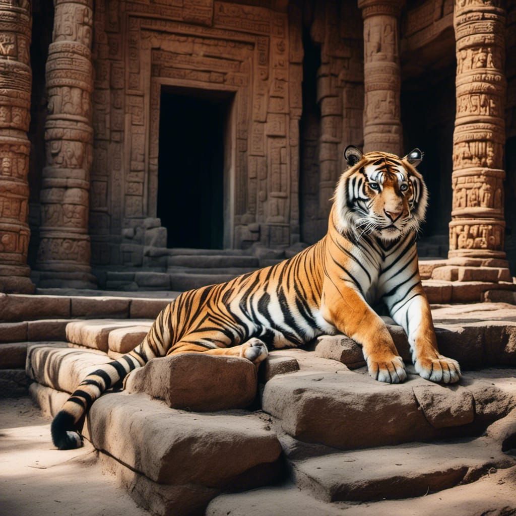 Scarred Tiger in Ancient Temple Shadows