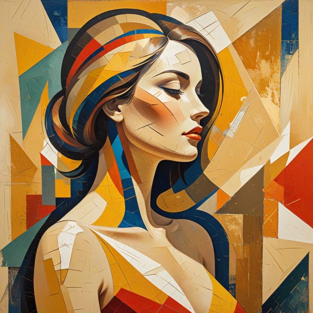 Abstract Cubist Woman in Mixed Media Style
