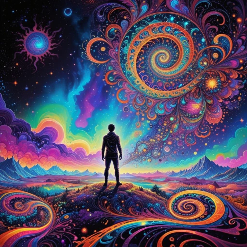 Lone Hero in Psychedelic Cosmic World Ink Painting