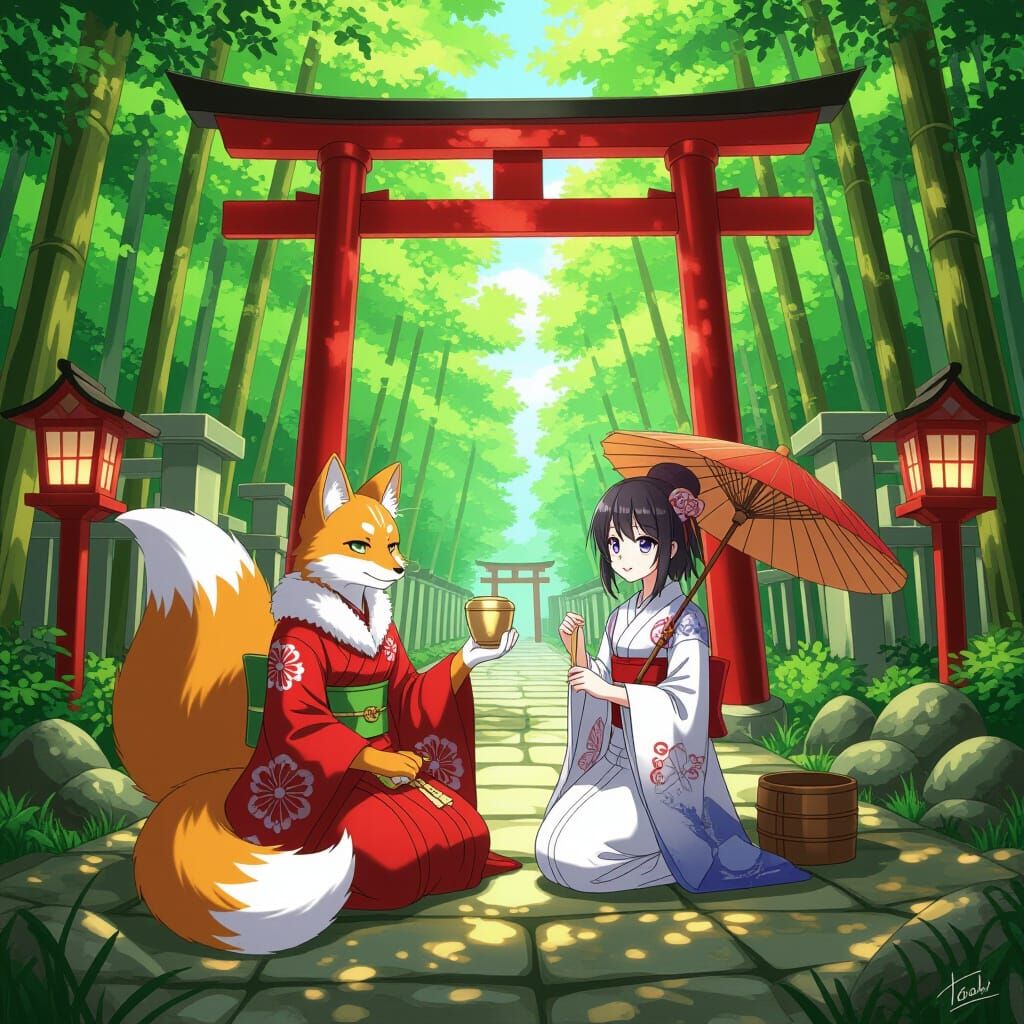 Kitsune and Shrine Keeper Anime Art