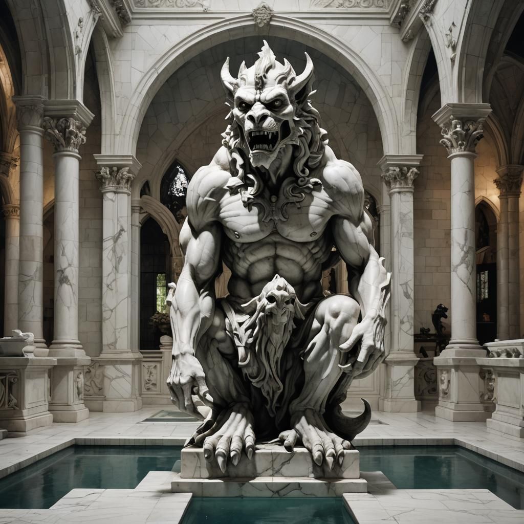 Gothic Gargoyle Overlooks Indoor Pool