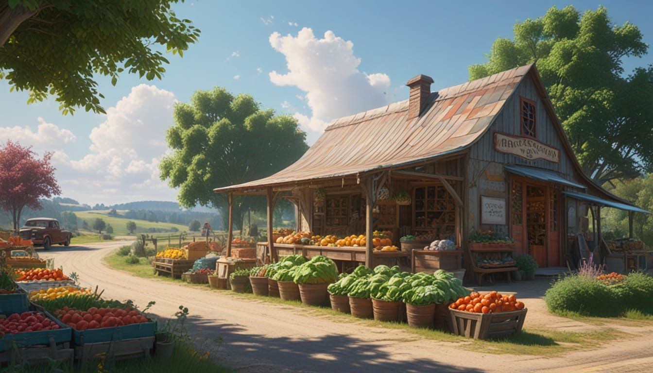 Sunny Farmstand Scene in Ghibli Style