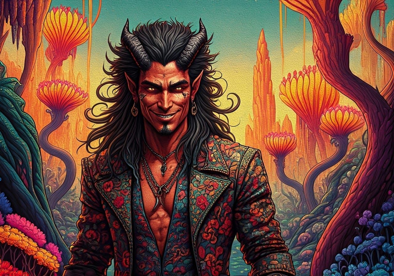 Surreal Demon Lord in Vibrant Fantasy Landscape