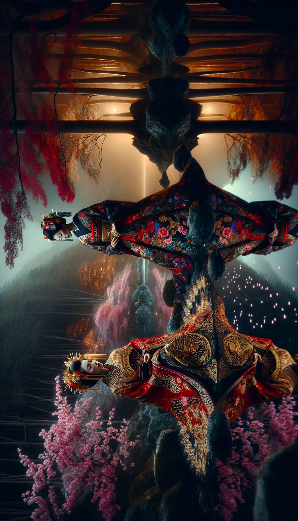 Geisha Reflection in Dark Fantasy Landscape