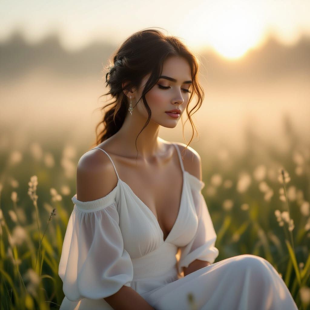 Ethereal Woman in Misty Landscape, Hyperdetailed Realism