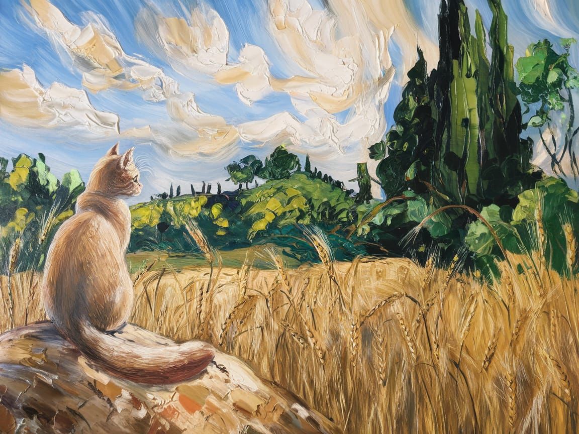 Post-Impressionist Cat in Golden Wheat Field