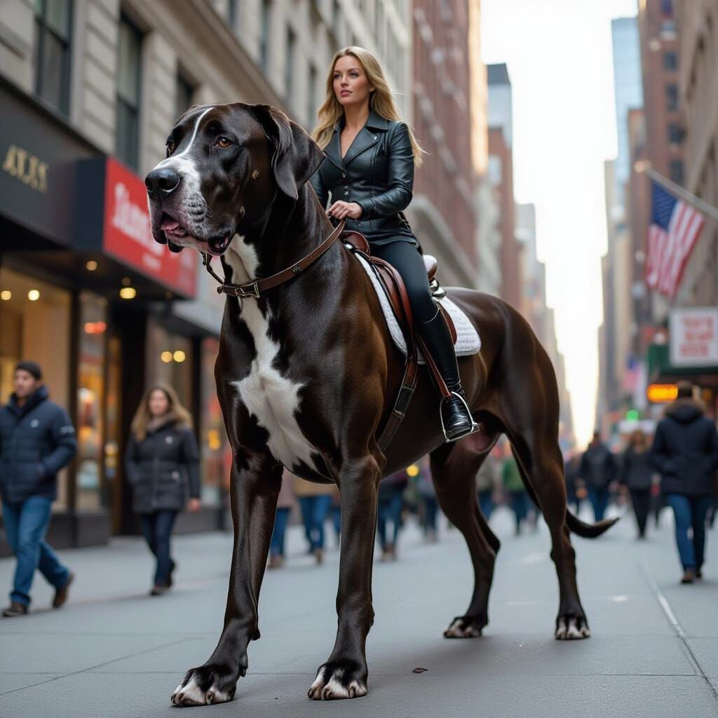Woman Rides Giant Great Dane on NYC Street