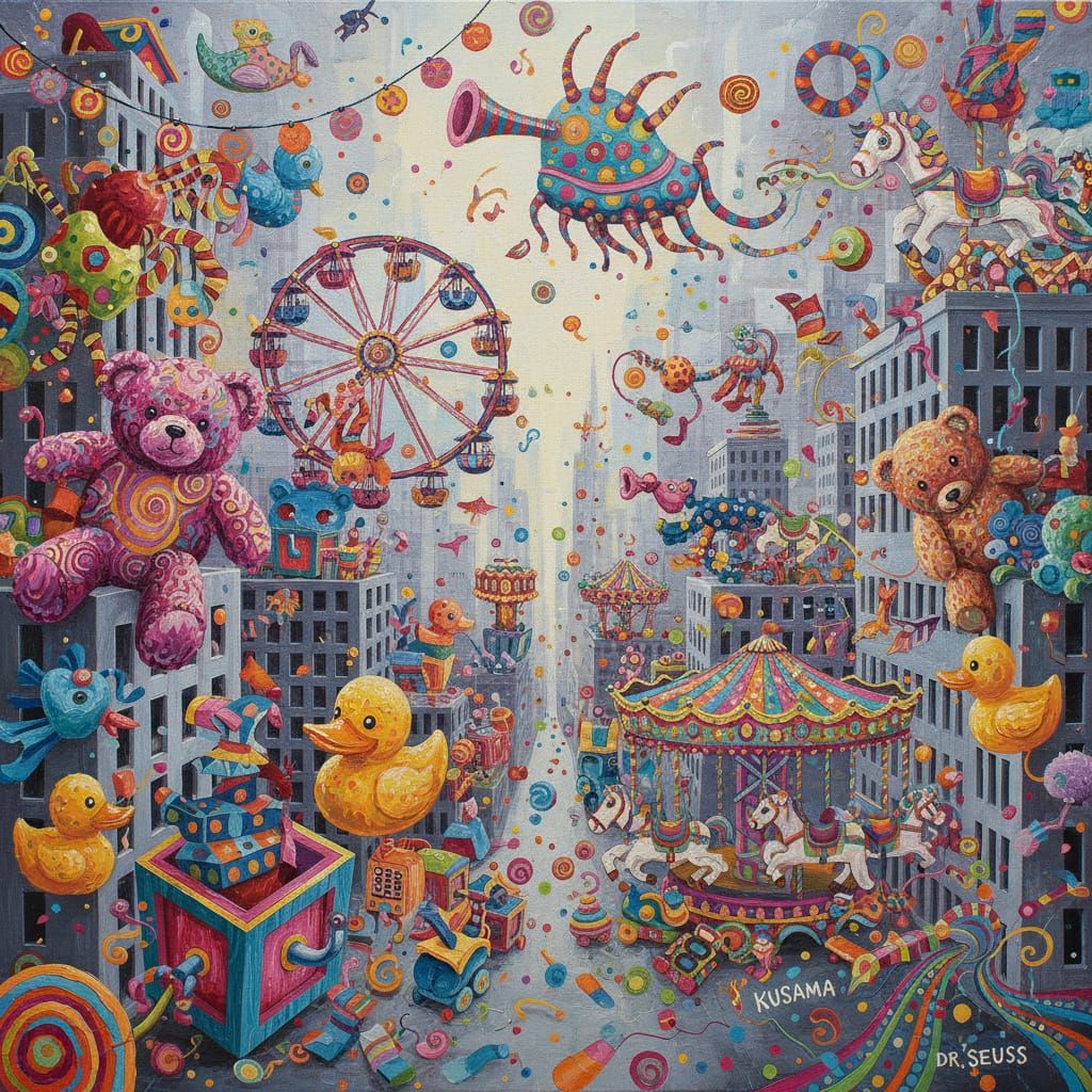 Vibrant Whimsical Acrylic Painting of Chaotic Fun