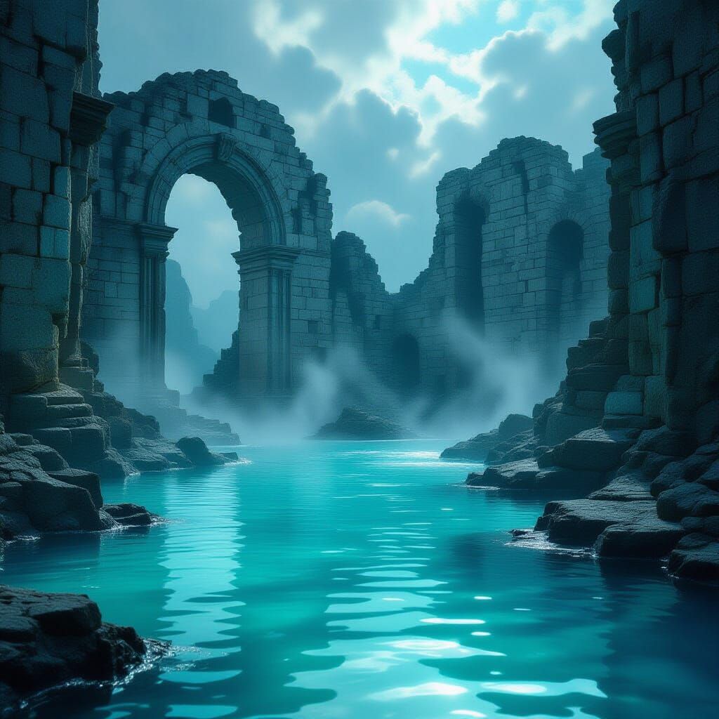 Ancient Ruin Submerged in Iridescent Mercury Liquid