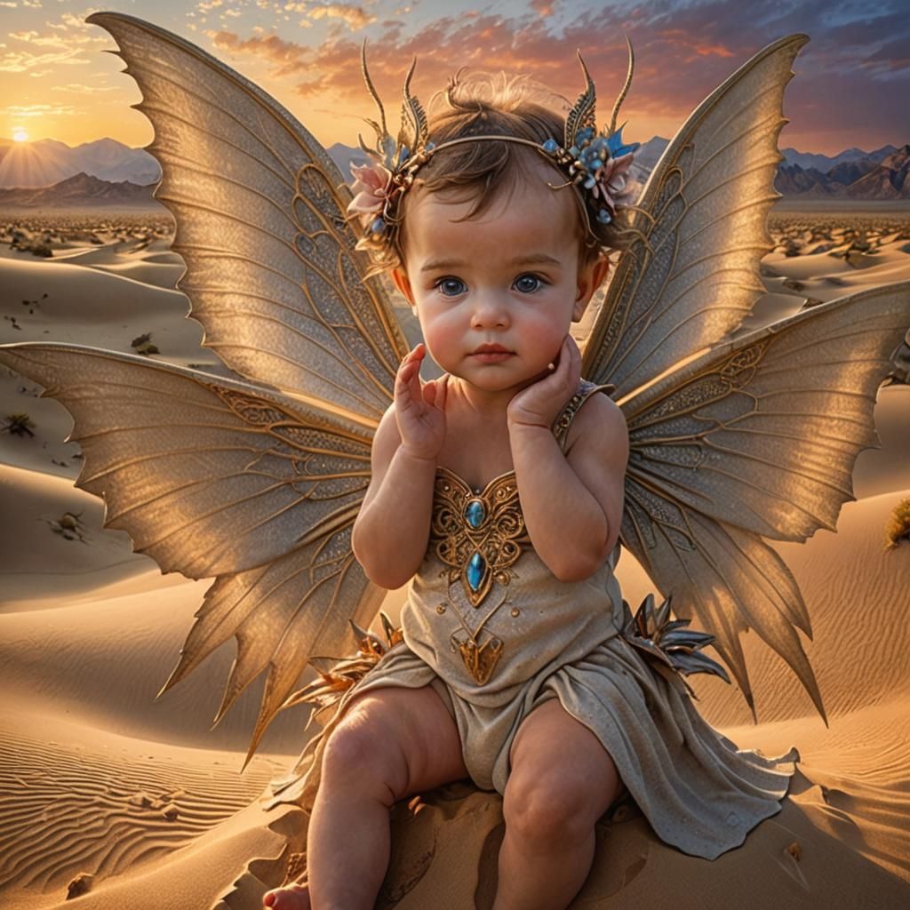 Desert Sunset with Fairy, Hyperrealistic Digital Art