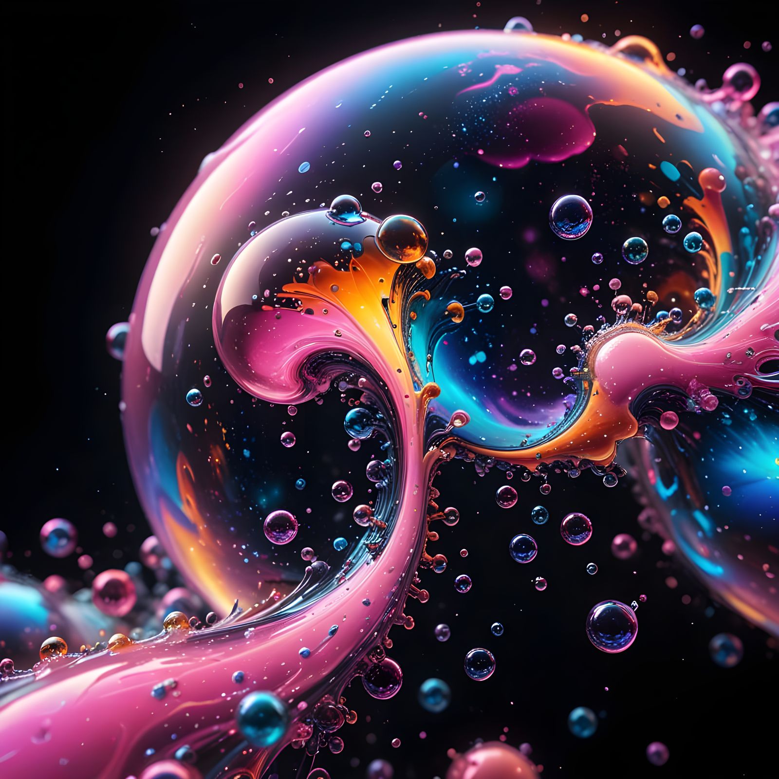 Iridescent Pink Bubbles in Cosmic Void, Photorealistic