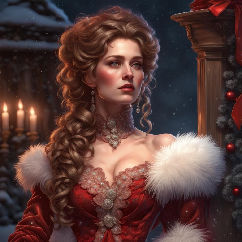 Victorian Woman in Red Gown, Winter Moonlight