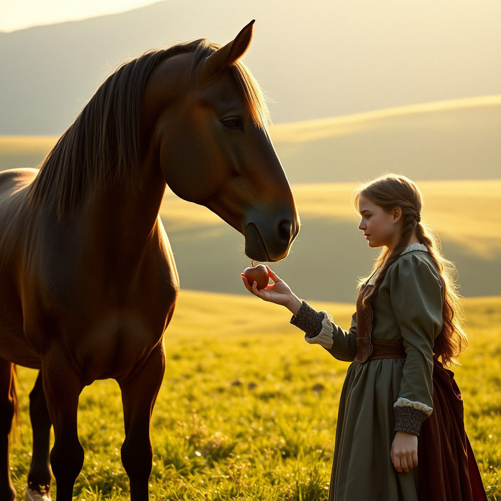 Majestic Horse and Serving Girl in Golden Light
